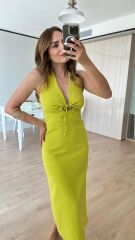 Joy Boyun Bağlamalı Yırtmaç Detaylı Keten Elbise