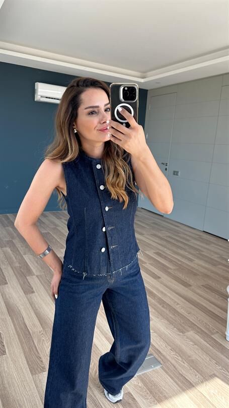 Denim Yelek Palazzo Pantolon Takım