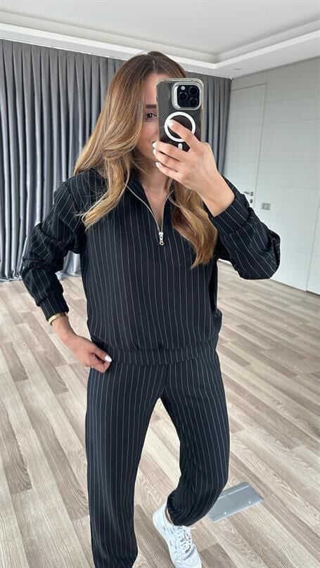 Bianca Çizgili Yarım Fermuarlı Eşofmon Takım