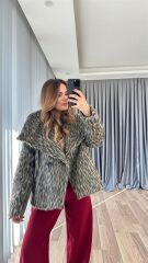 Leopar Desen Sakallı Kısa Kaban
